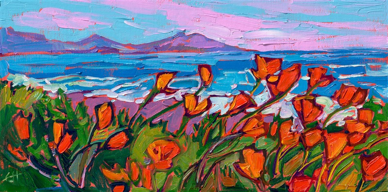 A flurry of orange poppies caught my attention growing along Highway 1 in California. The bright canary blooms seemed to vibrate with color against the aqua blue backdrop of the Pacific Ocean. Thick, impasto brush strokes capture the movement and life of the scene.
