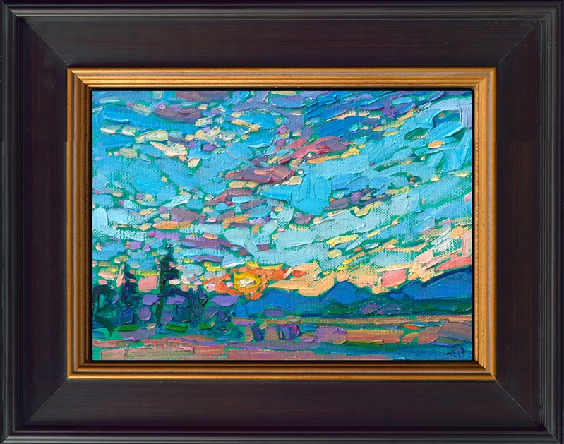 This petite painting is only 5x7 inches, yet it captures the wide vista of a dramatic sunset with a few miniature, impressionistic brush strokes. Like a small jewel of color, this painting will brighten up any wall in your home.</p><p>"Petite Sky" is an original oil painting on linen board. The piece arrives framed in a wide, custom frame designed to set off the colors in the piece.