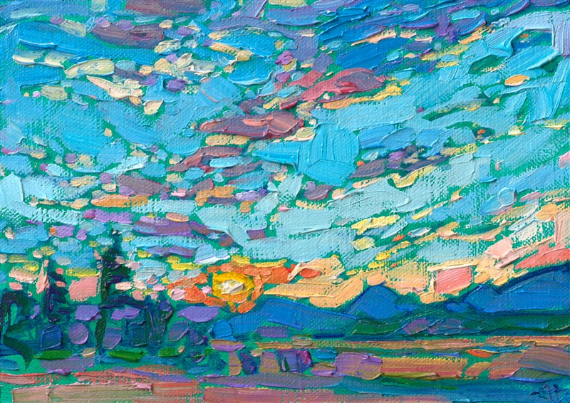 This petite painting is only 5x7 inches, yet it captures the wide vista of a dramatic sunset with a few miniature, impressionistic brush strokes. Like a small jewel of color, this painting will brighten up any wall in your home.</p><p>"Petite Sky" is an original oil painting on linen board. The piece arrives framed in a wide, custom frame designed to set off the colors in the piece.