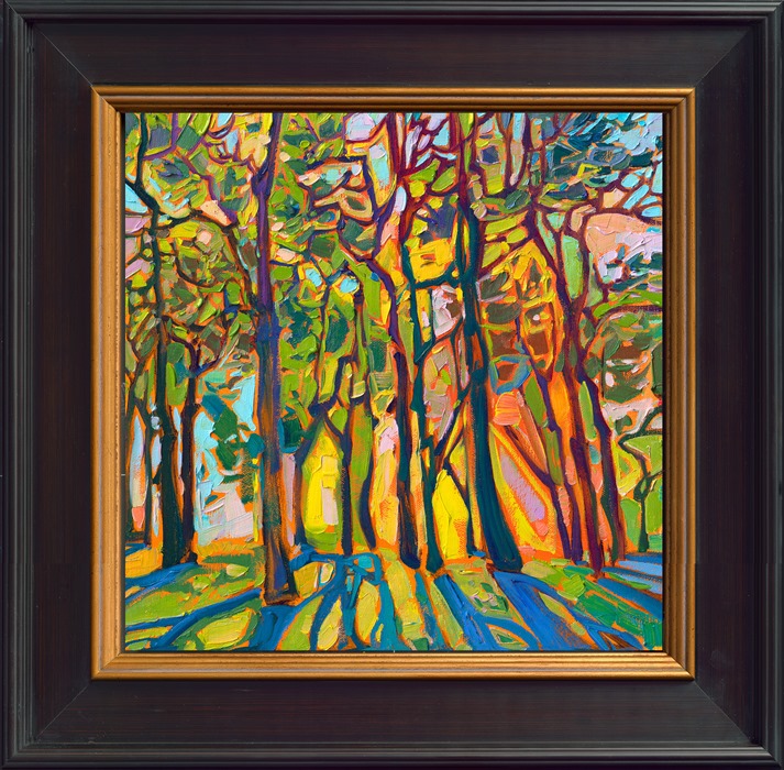 Radiating light shines through a grove of pine trees with winding, wind-sculpted branches. The filtered light transforms into a medley of green hues, like an emerald gemstone. The brush strokes are thick and impressionistic, alive with color and texture.</p><p>"Pine Light" is an original oil painting on linen board. The piece arrives framed in a black and gold plein air frame.<br/>