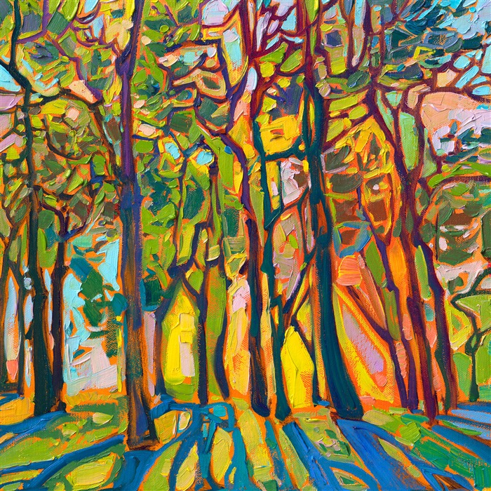 Radiating light shines through a grove of pine trees with winding, wind-sculpted branches. The filtered light transforms into a medley of green hues, like an emerald gemstone. The brush strokes are thick and impressionistic, alive with color and texture.</p><p>"Pine Light" is an original oil painting on linen board. The piece arrives framed in a black and gold plein air frame.<br/>