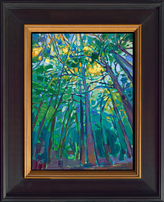 Looking up into the sky-high branches of a redwood forest is a sight I will never forget. The distant sky filters down through the boughs, changing colors and shifting gently over the quiet forest floor.</p><p>"Pine Sky" is a original, petite oil painting on linen board. The painting arrives framed in a custom-made plein air frame (mock floater style, so the edges are uncovered).</p><p>This painting will be displayed at Erin Hanson's annual <a href="https://www.erinhanson.com/Event/ErinHansonSmallWorks2022" target=_"blank"><i>Petite Show</a></i> on November 19th, 2022, at The Erin Hanson Gallery in McMinnville, OR.