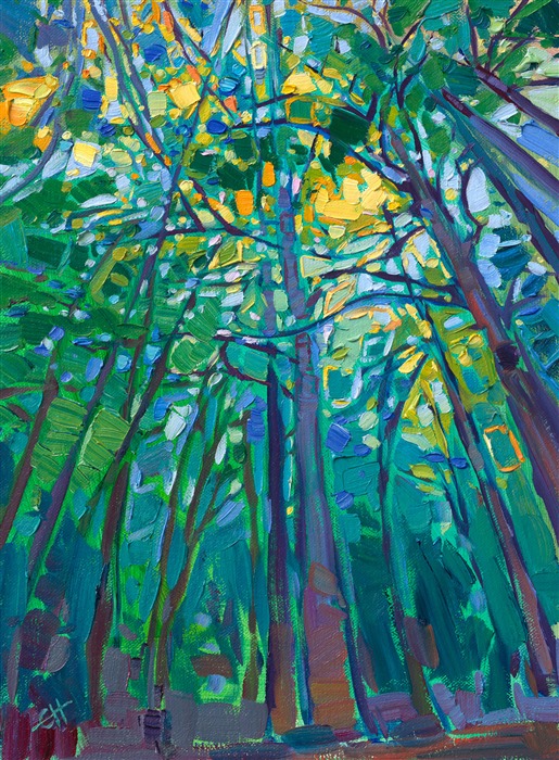 Looking up into the sky-high branches of a redwood forest is a sight I will never forget. The distant sky filters down through the boughs, changing colors and shifting gently over the quiet forest floor.</p><p>"Pine Sky" is a original, petite oil painting on linen board. The painting arrives framed in a custom-made plein air frame (mock floater style, so the edges are uncovered).</p><p>This painting will be displayed at Erin Hanson's annual <a href="https://www.erinhanson.com/Event/ErinHansonSmallWorks2022" target=_"blank"><i>Petite Show</a></i> on November 19th, 2022, at The Erin Hanson Gallery in McMinnville, OR.
