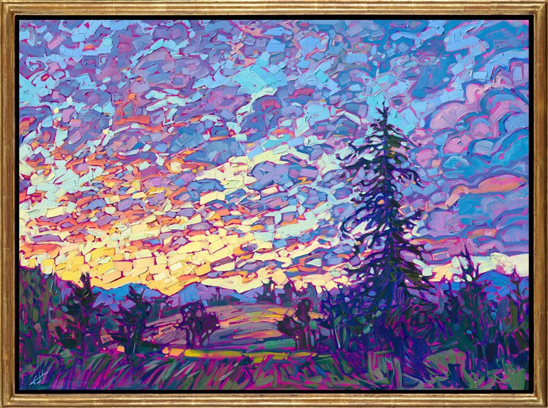A sunset full of riotous color exclaims across the sky in this northwestern painting. The brush strokes are loose and impressionistic, creating a mosaic of color and texture across the canvas.</p><p>"Pine and Sunset" is an original oil painting created on stretched linen canvas, and the piece arrives framed in a hand-made, closed-corner gold floater frame.</p><p>