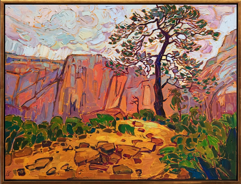 Hiking the 50-mile trans-Zion trek led me to Angel's Landing from a unique perspective - down from the high canyon walls above, instead of up the usual switchback hike to Angel's Landing. This lone pine stood along the trail, towering above the canyon peaks below.</p><p>"Pine at Angel's Landing" was created on gallery-depth canvas, with the painting continued around the edges. The piece arrives framed in a contemporary gold floater frame.