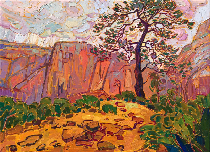 Hiking the 50-mile trans-Zion trek led me to Angel's Landing from a unique perspective - down from the high canyon walls above, instead of up the usual switchback hike to Angel's Landing. This lone pine stood along the trail, towering above the canyon peaks below.</p><p>"Pine at Angel's Landing" was created on gallery-depth canvas, with the painting continued around the edges. The piece arrives framed in a contemporary gold floater frame.