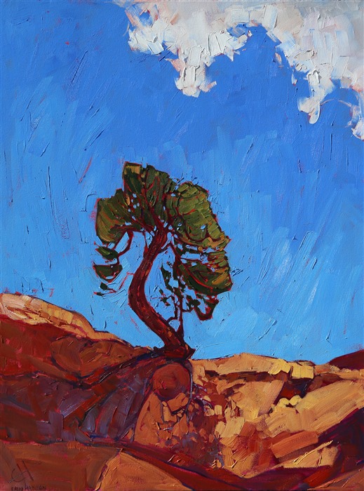 Hiking in the Canyonlands, Utah, found this lone pine growing out of an overhanging sandstone rock. While the sky was mostly clear at this moment, not hours later the Canyonlands were rocked with a sudden hail and snow storm, in the middle of May! This painting captures the crisp beauty of Utah in the springtime.</p><p>This painting was created on museum-depth canvas, with the painting continued around the edges of the stretched canvas. It arrives ready to hang without a frame. (Please contact the artist if you would like information on framing options for this painting.)