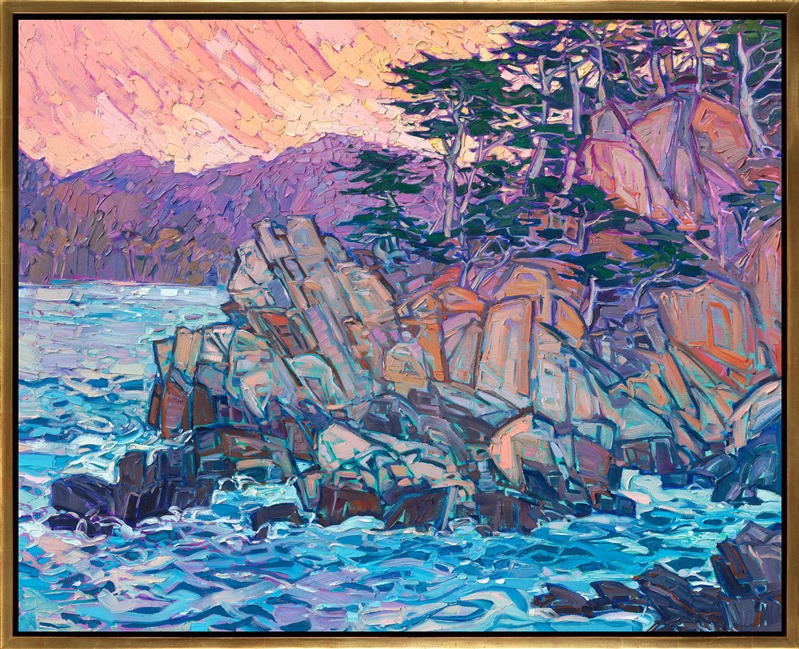 Hiking through Point Lobos as the sun began to set, the whole world changed from vivid hues of coppery orange to a soft palette of lavender, turquoise, and buttercream. Coming around a bend in the trail, I saw the last rays of sunlight illuminating a grove of ambitious cypress trees growing out of the rocky cliffside. </p><p>"Point Lobos Dusk" is an original oil painting created on gallery-depth canvas. The painting arrives framed in a contemporary gold floater frame, ready to hang.