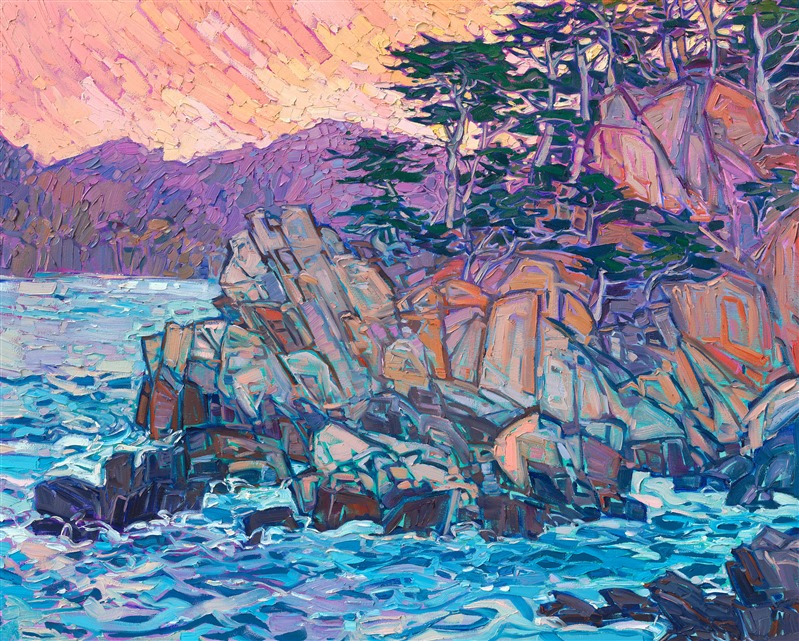 Hiking through Point Lobos as the sun began to set, the whole world changed from vivid hues of coppery orange to a soft palette of lavender, turquoise, and buttercream. Coming around a bend in the trail, I saw the last rays of sunlight illuminating a grove of ambitious cypress trees growing out of the rocky cliffside. </p><p>"Point Lobos Dusk" is an original oil painting created on gallery-depth canvas. The painting arrives framed in a contemporary gold floater frame, ready to hang.