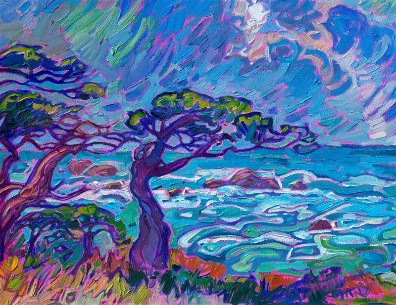 Point Lobos State Park is captured in hues of cobalt and ultramarine. Large clouds fill the sky, towering into the heavens. Monterey cypress trees cling to the rocky shoreline, drinking in the sea-laden air. Thick brush strokes of oil paint laid side by side make the painting come alive with texture and movement.