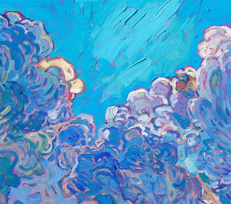 Point Lobos State Park is captured in hues of cobalt and ultramarine. Large clouds fill the sky, towering into the heavens. Monterey cypress trees cling to the rocky shoreline, drinking in the sea-laden air. Thick brush strokes of oil paint laid side by side make the painting come alive with texture and movement.