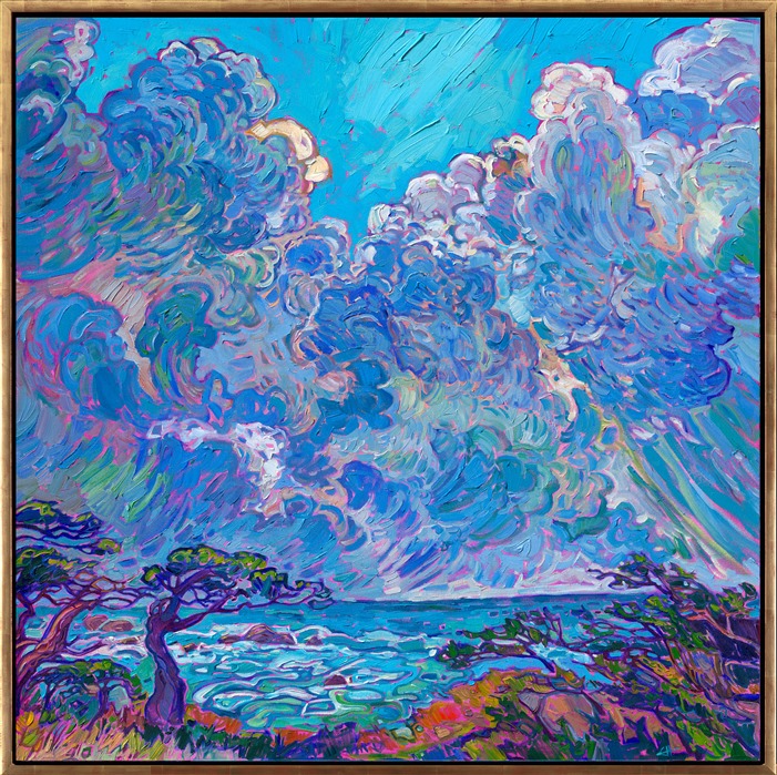 Point Lobos State Park is captured in hues of cobalt and ultramarine. Large clouds fill the sky, towering into the heavens. Monterey cypress trees cling to the rocky shoreline, drinking in the sea-laden air. Thick brush strokes of oil paint laid side by side make the painting come alive with texture and movement.