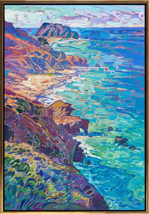 After exploring California's Highway 1 up and down countless times, I have picked out my favorite section of coastline -- just north of Point Sur (which is between Big Sur and Carmel.) This coastline has everything: expansive white sandy beaches, crystal aquamarine waters, and rocky outcroppings casting long blue shadows. It has everything I love about creating coastal paintings.</p><p>"Point Sur" is an original oil painting created on 1-1/2" stretched canvas. The piece arrives framed and ready to hang. This painting was created in Erin Hanson's iconic Open Impressionism style, which involves minimal brush strokes placed without overlapping, applying the motto "get it right the first time."