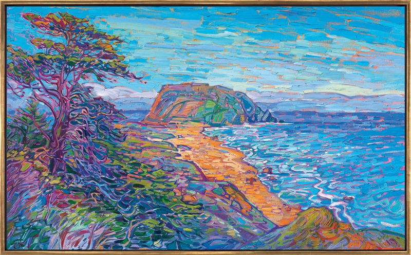 Point Sur stands along a sandy spit of land, catching the late afternoon light. This oil painting captures the beauty of California's Highway 1 as it meanders by among the coastal cypress trees. The impressionistic brush strokes capture the changing light and saturated color of spring.</p><p>"Point Sur Vista" is an original oil painting by American impressionist Erin Hanson. The painting arrives framed in a floater frame finished in burnished, 23kt gold leaf.