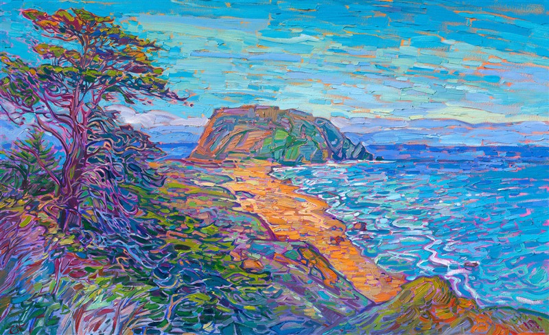 Point Sur stands along a sandy spit of land, catching the late afternoon light. This oil painting captures the beauty of California's Highway 1 as it meanders by among the coastal cypress trees. The impressionistic brush strokes capture the changing light and saturated color of spring.</p><p>"Point Sur Vista" is an original oil painting by American impressionist Erin Hanson. The painting arrives framed in a floater frame finished in burnished, 23kt gold leaf.