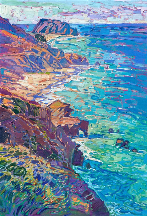 After exploring California's Highway 1 up and down countless times, I have picked out my favorite section of coastline -- just north of Point Sur (which is between Big Sur and Carmel.) This coastline has everything: expansive white sandy beaches, crystal aquamarine waters, and rocky outcroppings casting long blue shadows. It has everything I love about creating coastal paintings.</p><p>"Point Sur" is an original oil painting created on 1-1/2" stretched canvas. The piece arrives framed and ready to hang. This painting was created in Erin Hanson's iconic Open Impressionism style, which involves minimal brush strokes placed without overlapping, applying the motto "get it right the first time."