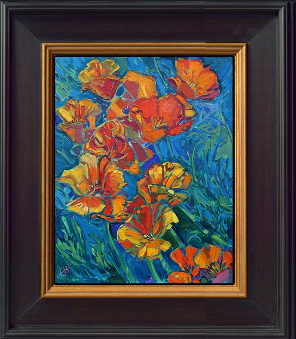 California poppies flow with beautiful hues of gold and orange. The brush strokes of oil paint are luscious and buttery, an expressive vision of nature's beauty.</p><p>"Poppies III" is an original oil painting on linen board. The piece arrives framed in a mock floater frame finished in black and gold.</p><p>This piece will be displayed in Erin Hanson's annual <i><a href="https://www.erinhanson.com/Event/petiteshow2023">Petite Show</i></a> in McMinnville, Oregon. This painting is available for purchase now, and the piece will ship after the show on November 11, 2023.