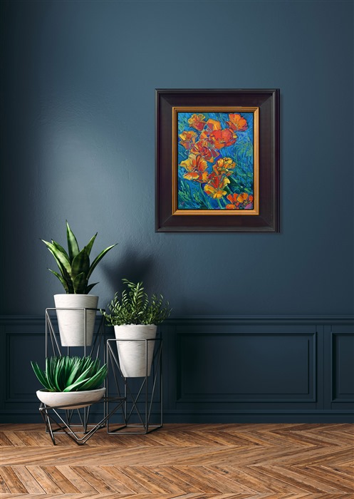 California poppies flow with beautiful hues of gold and orange. The brush strokes of oil paint are luscious and buttery, an expressive vision of nature's beauty.</p><p>"Poppies III" is an original oil painting on linen board. The piece arrives framed in a mock floater frame finished in black and gold.</p><p>This piece will be displayed in Erin Hanson's annual <i><a href="https://www.erinhanson.com/Event/petiteshow2023">Petite Show</i></a> in McMinnville, Oregon. This painting is available for purchase now, and the piece will ship after the show on November 11, 2023.