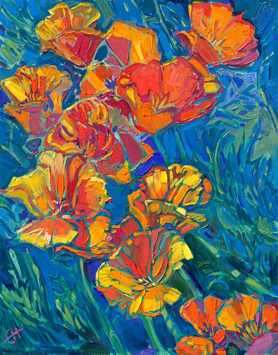 California poppies flow with beautiful hues of gold and orange. The brush strokes of oil paint are luscious and buttery, an expressive vision of nature's beauty.</p><p>"Poppies III" is an original oil painting on linen board. The piece arrives framed in a mock floater frame finished in black and gold.</p><p>This piece will be displayed in Erin Hanson's annual <i><a href="https://www.erinhanson.com/Event/petiteshow2023">Petite Show</i></a> in McMinnville, Oregon. This painting is available for purchase now, and the piece will ship after the show on November 11, 2023.