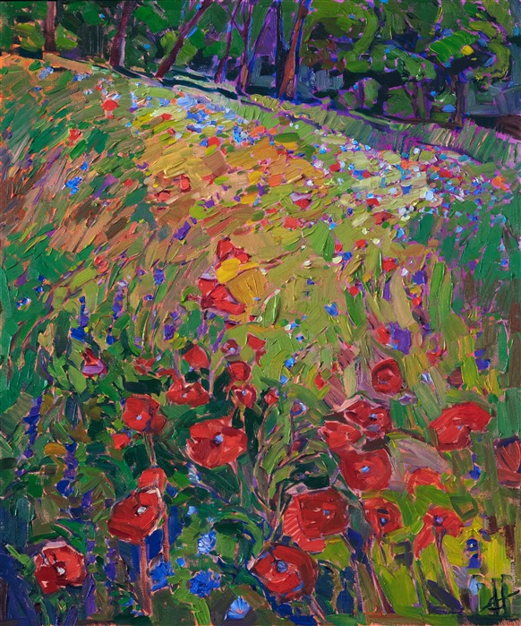 A flurry of red poppies dances on the hillside among small purple and blue wildflowers, in this painting of Texan hill country.  The brush strokes in this work are loose and expressive, capturing the vibrant colors of the outdoors.  The thick oil paint gleams with texture and movement.

This painting was done on linen board, and it has been framed in a pale gold plein air frame.

