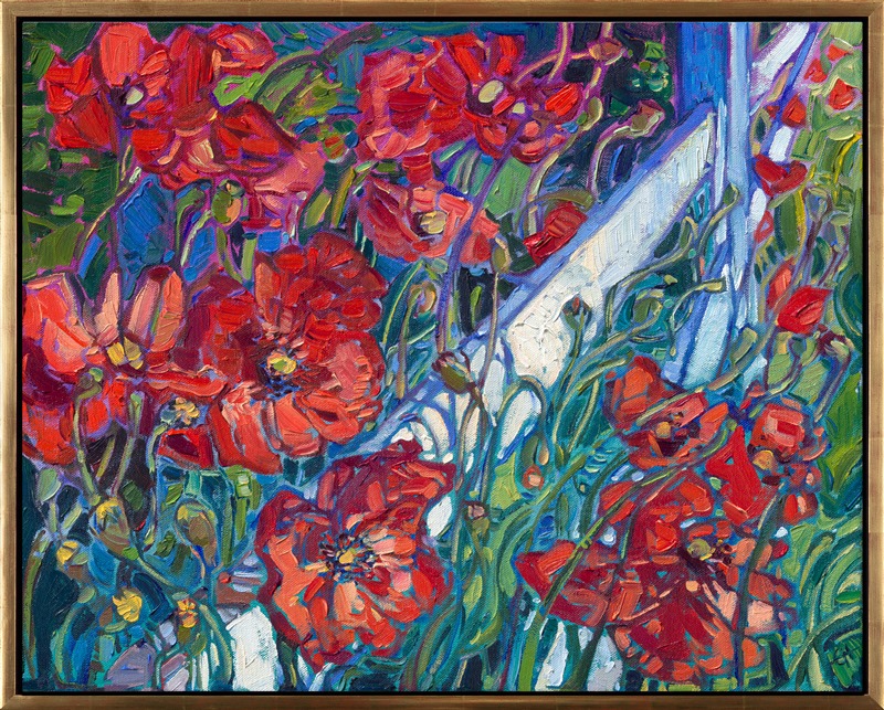 I returned to Sequim this year to photograph Washington’s lavender fields again, but foremost on my mind was finding a field of red poppies growing beside the lavender—a scene I had painted several times from photographs I’d taken a decade ago.</p><p>When I returned to the same location, I discovered the poppies had been replaced by Shasta daisies. I did, however, find one small patch of red poppies still remaining, growing tenaciously beneath a white picket fence bordering the lavender field. I loved the way the red poppies contrasted with the white fence—and this painting was born.