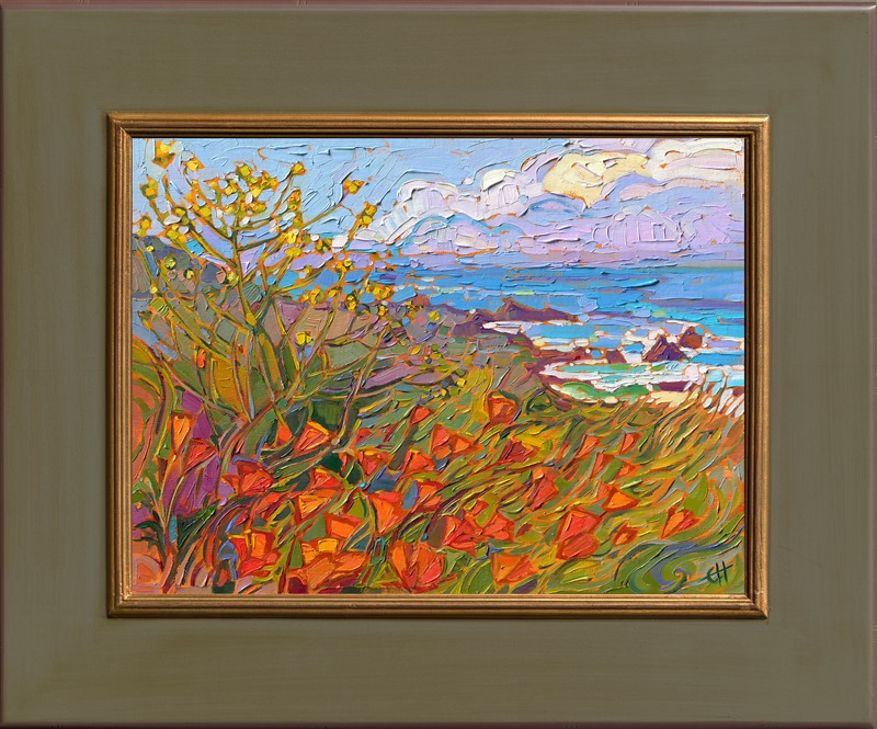 A flurry of California poppies and yellow mustard bloom along Highway 1. The brush strokes in this painting are loose and paintery, alive with expressionistic color.</p><p>"Poppies in Bloom" was created on fine linen board, and the piece arrives framed in a plein air frame.