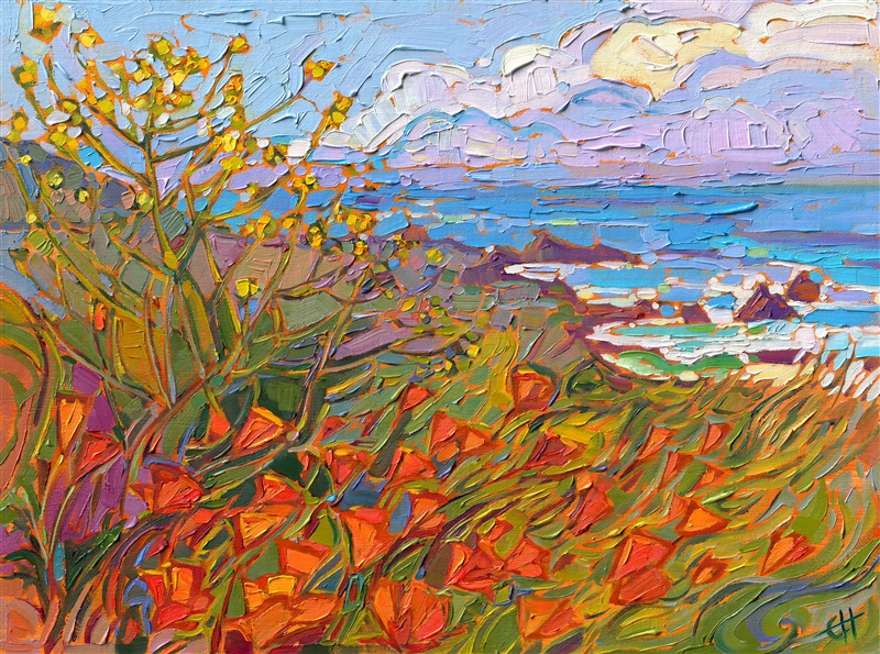 A flurry of California poppies and yellow mustard bloom along Highway 1. The brush strokes in this painting are loose and paintery, alive with expressionistic color.</p><p>"Poppies in Bloom" was created on fine linen board, and the piece arrives framed in a plein air frame.