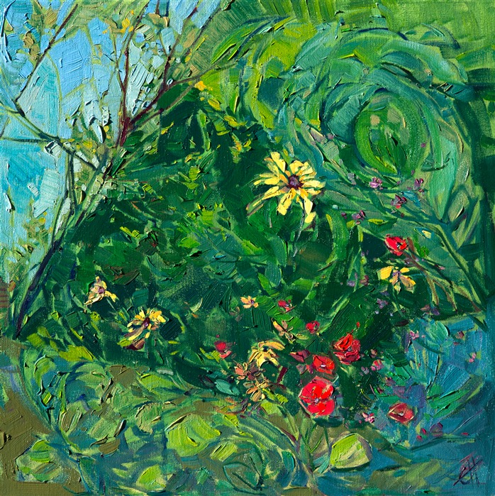 Romantic wildflowers gather together in this expressionist oil painting.  The dark greens of the foliage act as the perfect backdrop to the loose brush strokes of color.  </p><p>This painting was created on a gallery-depth canvas with the painting continued around the edges. The painting will arrive in a beautiful hardwood floater frame, ready to hang.
