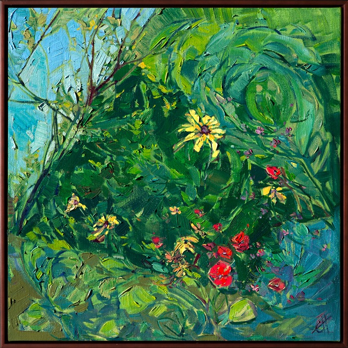 Romantic wildflowers gather together in this expressionist oil painting.  The dark greens of the foliage act as the perfect backdrop to the loose brush strokes of color.  </p><p>This painting was created on a gallery-depth canvas with the painting continued around the edges. The painting will arrive in a beautiful hardwood floater frame, ready to hang.