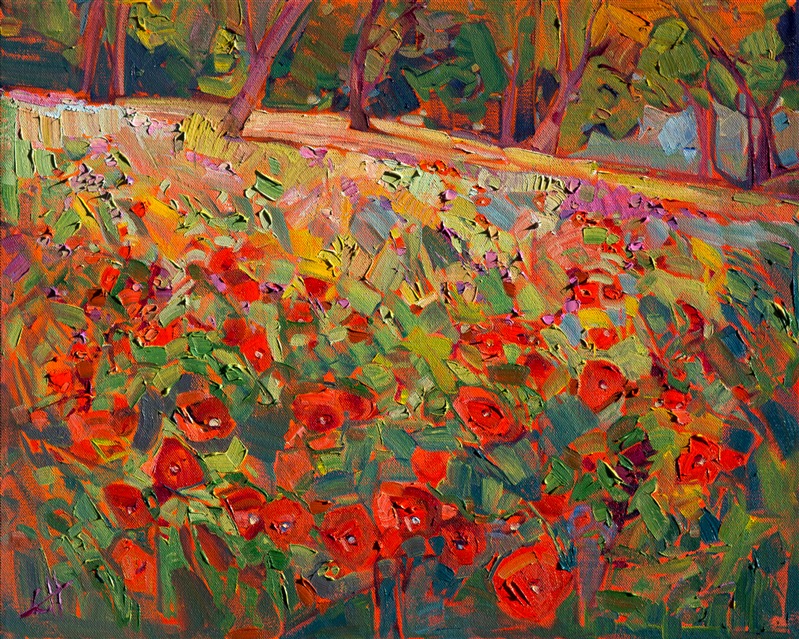 Abstracted poppies burst with vibrant color, the distant oaks a dark contrast against the sunlit field of wildflowers.  Each brush stroke is free and expressive, a spontaneous stroke of motion and color.</p><p>This oil painting was created on 3/4" stretched canvas and arrives framed, ready to hang.
