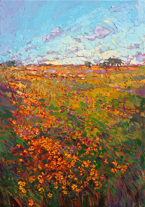 Golden yellow wildflowers dance across the flat prairies of central United States, catching the afternoon light in a fiery warmth of color.  The brush strokes in this painting are vivid and distinct, a modern impression in oils.</p><p>This painting was created on museum-depth canvas, with the painting continued around the edges of the stretched canvas. It arrives ready to hang without a frame. (Please contact the artist if you would like information on framing options.)