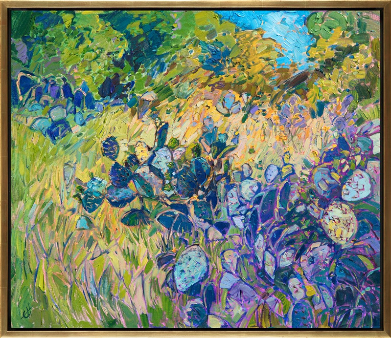 This abstracted landscape painting captures a cluster of prickly pear cacti in Texas hill country.  The brush strokes are loose and impressionistic, a celebration of movement and color.</p><p>This painting was created on 1-1/2" canvas, with the painting continued around the edges. The piece has been framed in a simple gold floater frame and arrives ready to hang.</p><p>