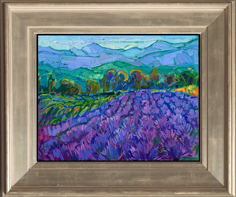 Seeing the lavender fields in Provence and Valensole was one of the highlights of my photo safari in France. This painting captures the rich colors of lavender fields against the alpine peaks in the distance. Thick brushstrokes communicate the texture and movement of the scene.