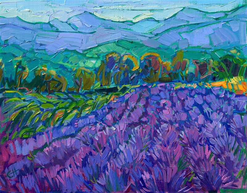 Seeing the lavender fields in Provence and Valensole was one of the highlights of my photo safari in France. This painting captures the rich colors of lavender fields against the alpine peaks in the distance. Thick brushstrokes communicate the texture and movement of the scene.