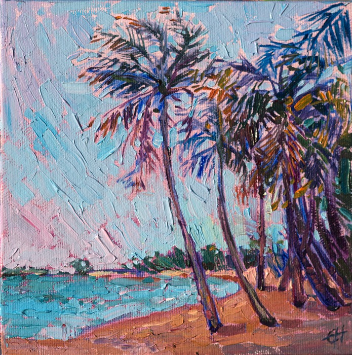 This petite painting of Puerto Rico captures all the color and movement of this beautiful island. The white sand beaches and luxurious palm trees create a wonderful atmosphere of relaxation. </p><p>These petite works are part of the 12 Days of Christmas Collection, which are being released one painting per day, starting on December 5th. Each 6x6 painting is beautifully framed in a classic floater frame, which allows you to enjoy the brush strokes all the way to the edge of the canvas.