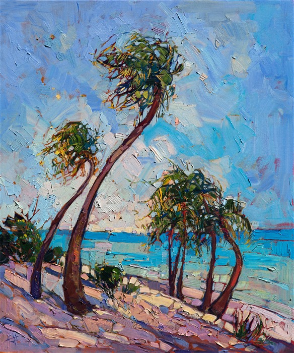 Hiking along the white sand beaches of Puerto Rico in early morning inspired this painting of tropical paradise.  The thick brush strokes of the oil paint lend a feeling of spontaneity and light to the painting.  The painting was done over 24 karat gold leaf, which sparkles and gleams beneath the paint.

This painting has been framed in a beautiful, museum-quality frame and will arrive ready to hang.  The second photograph above shows how the painting looks hanging in gallery spot lighting.