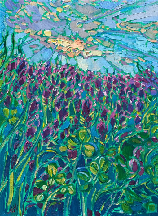 This petite work captures the purple clover fields that bloom all around Oregon's Willamette Valley every spring. The dramatic cloudscape filters the light down upon the colorful scene.</p><p>"Purple Clover" is an original oil painting on linen board. The piece arrives framed in a mock floater frame finished in black with gold edging.