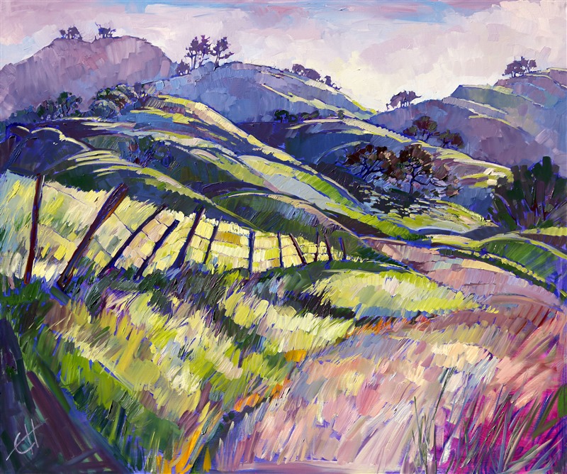 A hazy, purple-lit morning in Paso Robles, captured in bold, lively brush strokes. This painting was inpired by a foggy morning driving through the vineyards off Highway 46.