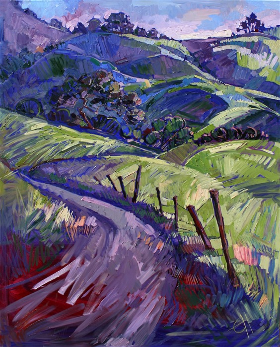 Rich purple shadows against green highlights at Paso Robles, California.