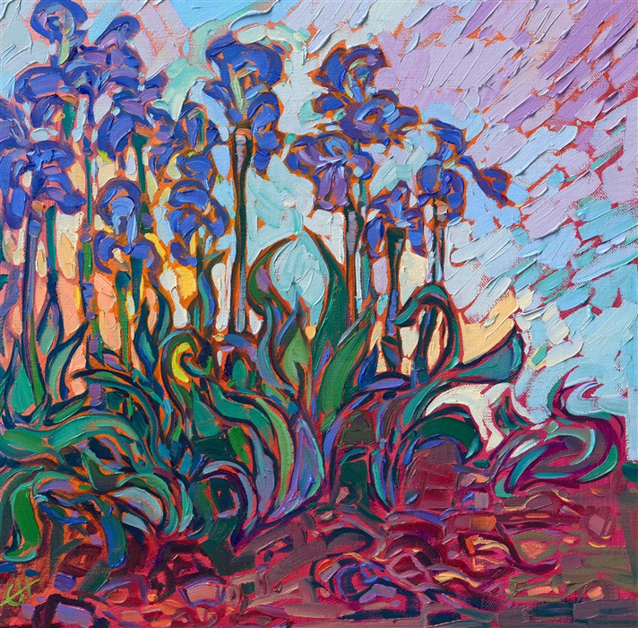 A row of purple irises grows every year next to my house, and I am always drawn to their rich colors. I love the signature pale green of the leaves against the reddish earth. I have always been inspired by Monet and van Gogh, and this painting captures the beauty in nature they saw as well.</p><p>"Purple Irises" is an original oil painting on linen board. The piece arrives framed in a black and gold frame, ready to hang.</p><p>This piece will be displayed in Erin Hanson's annual <i><a href="https://www.erinhanson.com/Event/petiteshow2023">Petite Show</i></a> in McMinnville, Oregon. This painting is available for purchase now, and the piece will ship after the show on November 11, 2023.