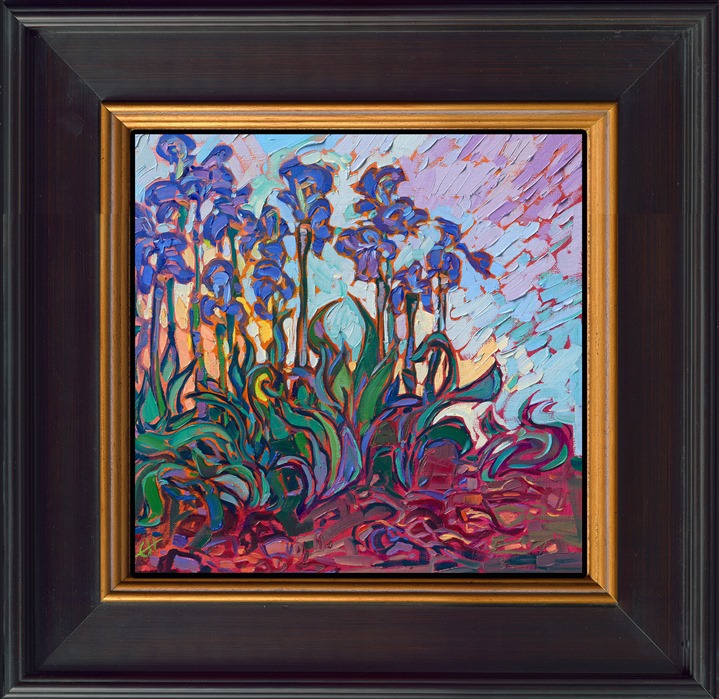 A row of purple irises grows every year next to my house, and I am always drawn to their rich colors. I love the signature pale green of the leaves against the reddish earth. I have always been inspired by Monet and van Gogh, and this painting captures the beauty in nature they saw as well.</p><p>"Purple Irises" is an original oil painting on linen board. The piece arrives framed in a black and gold frame, ready to hang.</p><p>This piece will be displayed in Erin Hanson's annual <i><a href="https://www.erinhanson.com/Event/petiteshow2023">Petite Show</i></a> in McMinnville, Oregon. This painting is available for purchase now, and the piece will ship after the show on November 11, 2023.