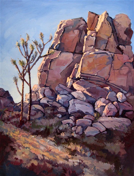 Original oil painting of a granite rock formation at Joshua Tree National Park, a popular rock climbing destination. The purple and blue shadows seem to glow in the later afternoon light.