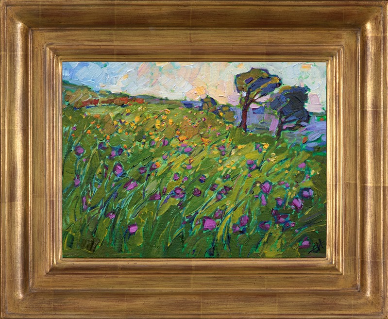 This painting brings to life the multitudinous wildflowers of Texas Hill Country.  These purple wildflowers looked beautiful nestled in the long, spring-green grasses.  Each brushs stroke in a petite painting contributes to the overall movement and impression of the landscape.</p><p>This painting was done on 1/8" canvas, and it arrives framed and ready to hang.