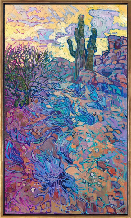 A pair of saguaro cacti stand atop a rocky hill, nestled between granite boulders. Purple-blue sagebrushes are captured in thick, expressive brush stroke, their pale branches a beautiful contrast against the golden desert sand. </p><p>"Purple Sage" is an original oil painting on stretched canvas. The piece arrives framed in a contemporary gold floater frame, ready to hang.