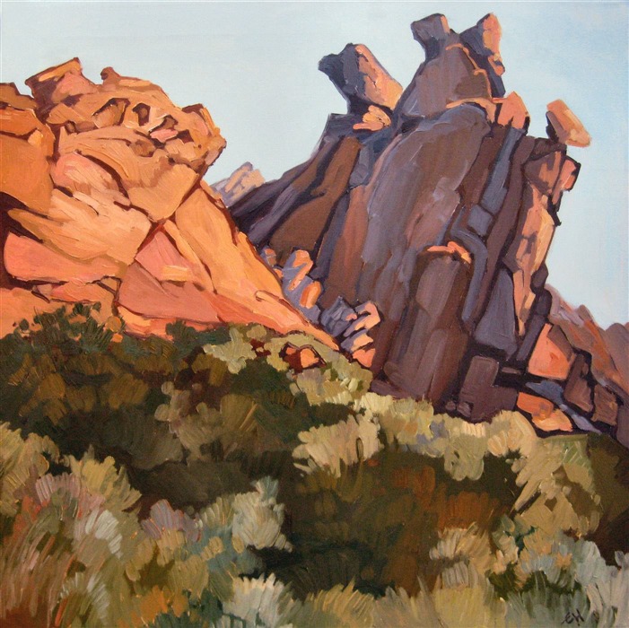 Original oil painting of Valley of Fire State Park, Nevada. The purple shadows cut beautiful abstract shapes into the pink sandstone.