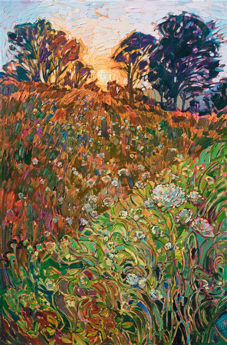 A cascade of Queen Anne's Lace tumbles down the hillside in this painting of Northwestern wine country.  This painting captures the amazing range of color you can find in central Oregon. The brush strokes are loose and impressionistic, alive with texture and motion.</p><p>This painting was done on 1-1/2" canvas, with the painting continued around the edges of the canvas, and it has been framed in a custom-made gold floater frame. The painting arrives ready to hang.