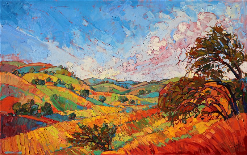 The fine colors of Paso Robles burst from the canvas in this Open Impressionist painting of central California. The brush strokes, loose and expressive, capture the movement and freshness of the landscape.