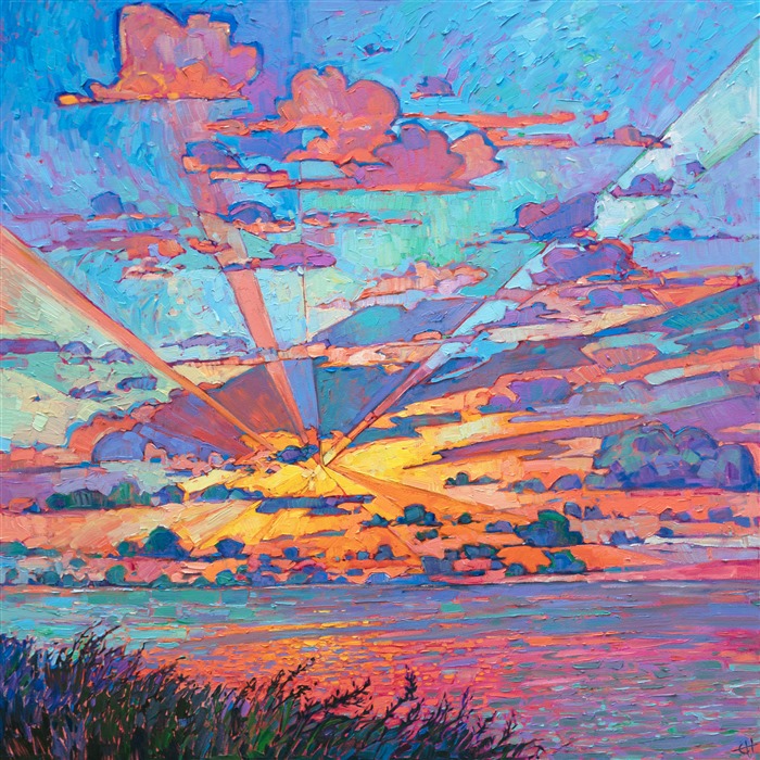 Radiant light streaks from behind the clouds in this dramatic cloudscape. The abstract shapes of the clouds create a rhythm within the painting, while the thick, impasto brushstrokes capture the energy and motion of the wide outdoors.</p><p>"Radiant Light" was created on 1-1/2" canvas, with the painting continued around the edges of the canvas. The piece arrives framed in a classic gold floater frame.
