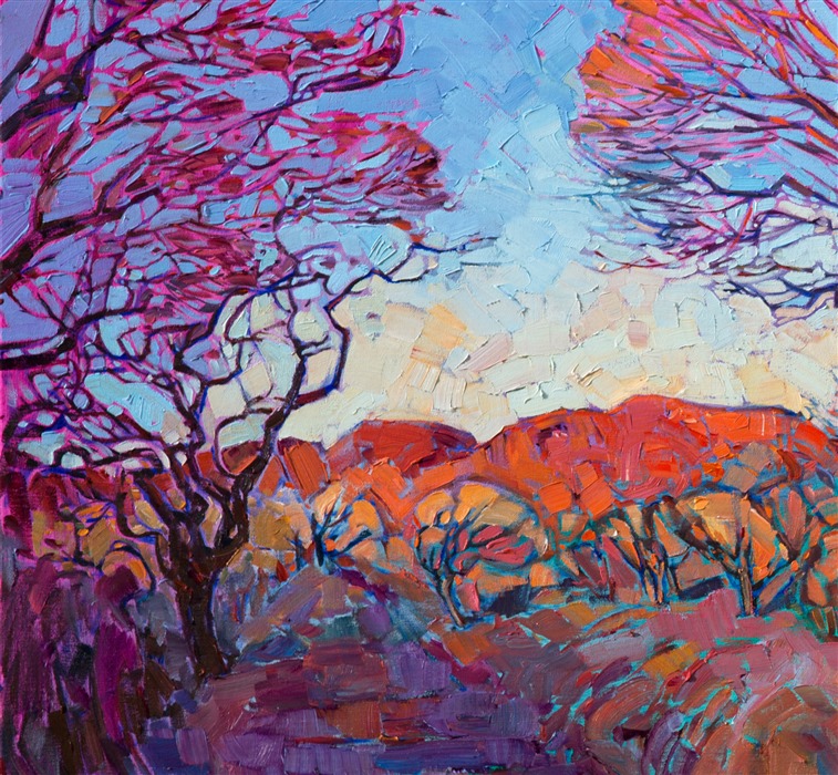 The last radiant rays of sunlight hit these wintery cottonwoods in St. George, Utah, each branch vibrant with striking color.  The distant red rock cliffs add a bolt of orange to the painting, a beautiful contrast against the January sky.  This contemporary impressionist piece employs thickly applied brush strokes to capture the motion of the wide outdoors.</p><p>This painting has been framed in a custom 22kt gold leaf, hand-carved floater frame. Read more about the <a href="https://www.erinhanson.com/Blog?p=AboutErinHanson" target="_blank">painting's details here.</a></p><p>Exhibited <a href="https://www.erinhanson.com/Event/ErinHansonTheOrangeShow"><i>The Orange Show</i></a>, The Erin Hanson Gallery, Los Angeles, CA. 2016.