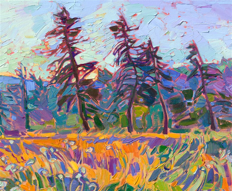 Waving fields of Queen Anne's lace, wildflowers, and long summer grasses draw the eye into radiating shadows of this Open Impressionism painting by Erin Hanson. Thick brushstrokes of oil paint create patterns of texture that keep the eye moving throughout the painting. This painting captures the golden hour light in the Oregon countryside.